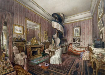 Camera da letto, acquerello di Fernand Pelez de Cordova (1820-1899)