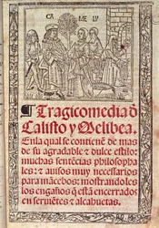 Miniatura su pergamena sulla copertina della Celestina o Tragicomedia de Calisto y Melibea, manoscritto spagnolo di Fernando de Rojas, pubblicato nel 1531