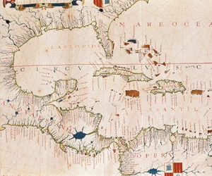 Portolano: Mappa geografica con i nomi della costa di Cuba, Florida, America Centrale e Nord America Latina, Atlante Idrografico di Fernao VAZ DOURADO (XVI secolo)