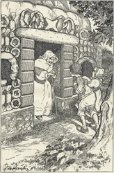 Due bambini in una casa di marzapane nel bosco. Illustrazione di F. Scarpelli per Hansel e Gretel, tratto da una raccolta dei fratelli Grimm. Biancaneve e altri racconti, Firenze