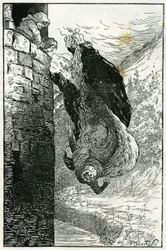 Favola: "la gettarono dalla finestra e direttamente nel fiume". Illustrazione di Filiberto Scarpelli per la favola "Les petits nains du bois" (Tre ragazzi nel bosco), tratta dalla raccolta dei fratelli Grimm "Biancaneve e altre storie".