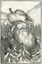 Favole: il gigante. Illustrazione di Filiberto Scarpelli per "La montagna di cristallo" da una raccolta di favole dei fratelli Grimm (Jacob e Wilhelm).