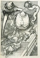 Favole: il principe entra in città seguito dai suoi servitori. Illustrazione di Filiberto Scarpelli per la fiaba "I servi e il principe" dalla raccolta dei fratelli Grimm "Biancaneve e altre fiabe".