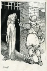 "Toccò per prima la vecchia, che rimase ammutolita". Illustrazione di Filiberto Scarpelli per il racconto "Bonsoir Ezechiel" dalla raccolta di favole dei fratelli Jacob e Wilhelm Grimm "Biancaneve e altri racconti".