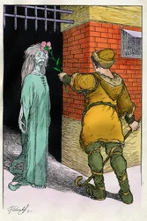 Illustrazione di Filiberto Scarpelli (1870-1933) per la favola "Buona sera Ezzechiello", tratta da una raccolta di favole dei Fratelli Grimm "Biancaneve e altri racconti" del 1920 circa.