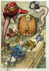 Illustrazione di Filiberto Scarpelli (1870-1933) per la favola "I servitori e il principe", tratta dalla raccolta di favole dei Fratelli Grimm "Biancaneve e altri racconti", del 1920 circa.