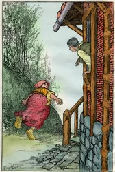Illustrazione di Filiberto Scarpelli (1870-1933) per la favola "Toniotta la stolta", tratta da una raccolta di favole dei fratelli Grimm "Biancaneve e altri racconti" del 1920 circa.