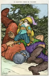 "Preparons la comedie dit - il" . Illustrazione di Filiberto Scarpelli per la fiaba "La valorosa sarta", tratta dalla raccolta di favole dei fratelli Jacob e Wilhelm Grimm "Biancaneve e altri racconti".