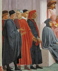 Uomini in abiti medievali, dettaglio da La Resurrezione del Figlio di Teofilo, di Tommaso Masaccio, affresco