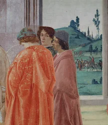 La Disputa con Simon Mago e la Crocifissione di San Pietro (dettaglio) di tre figure che osservano la Crocifissione, ritratto centrale pensato per essere di Botticelli, c.1480