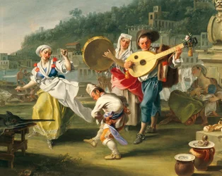 Tarantella a Mergellina, ca 1750, di Filippo Falciatore, olio su tela, 76,2x102 cm, (dettaglio), Italia