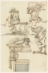 Studi di cornici di porte e figure