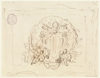 Disegno, Tavola con lo stemma di Papa Benedetto XIV e conchiglia come sfondo, 1740-58