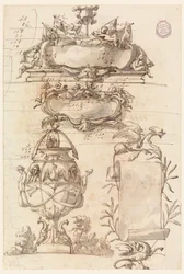 Disegno, Due scudi, un vaso decorativo e un cartiglio, 1750-75