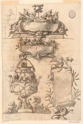 Disegno, Due scudi, un vaso decorativo e un cartiglio, 1750-75