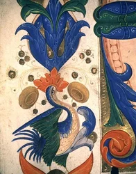 Missale 515 1r Bordo foliato zoomorfo, dettaglio da un libro corale eseguito prima del 1449 (dettaglio)