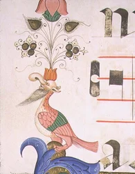 Uccello grottesco con testa umana, dettaglio del bordo decorativo da un libro corale eseguito prima del 1449 (dettaglio)
