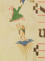 Messale 515 f.13v Un cherubino incappucciato che cerca di catturare un uccello volante, (dettaglio)