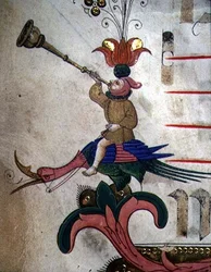 Messale 515 f.9r Figura che soffia un corno, montata su un uccello bardato, dettaglio del bordo decorativo da un libro corale eseguito prima del 1449 (dettaglio)