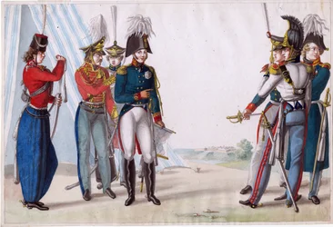Alessandro I, zar di Russia (1777-1825) - Zar Alessandro I e ufficiali russi - Finert (Finart), Noel Dieudonne (1797-1852) - 1815 - Acquerello su carta - 23,3x34,5 - Collezione privata