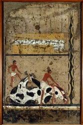 Antichità egiziane: un toro è sacrificato davanti a un sarcofago. Detrempe su argilla e paglia dalla tomba del Generale e Cancelliere del Re Iti a El Ghebelen vicino a Luxor. 2200-2000 a.C. Torino, Museo Egizio