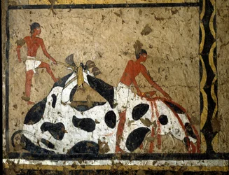 Antichità egiziana: un toro viene sacrificato davanti a un sarcofago. Tempera su argilla e paglia dalla tomba del Generale e Cancelliere del Re Iti a El Ghebelen vicino a Luxor. 2200-2000 a.C. Torino, Museo Egizio