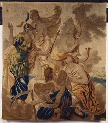 Arazzo di Bruxelles tessuto in lana e seta, raffigurante varie divinità, tra cui Minerva, Apollo, Diana, Mercurio e Cornus tra le nuvole