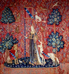 Una giovane donna circondata da un leone, un unicorno, una scimmia, conigli - Arazzo in lana e seta realizzato tra il 1484 e il 1500, dal castello di Boussac, Creuse. Parigi, museo nazionale del Medioevo, Thermes de Cluny - Allegoria del tatto (Le Touch)