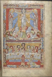 Miniatura a tutta pagina in due registri, della Trasfigurazione di Cristo e dell