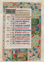 Calendario che raffigura novembre, ghiande e mandrie di maiali