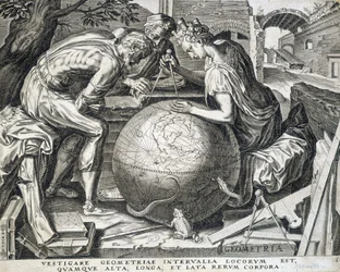 Personaggi che si chinano sopra il globo con compasso (allegoria della geometria) - incisione, Fiandre