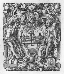 Marchio di stampa di Christophe Plantin, illustrazione da Opere di Tacito, 1607