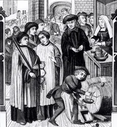 Dazi sui vini, concessi al Capitolo di Tournai dal re Chilperico, da una vetrata della Cattedrale di Tournai