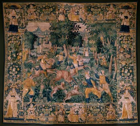 Arazzo fiammingo. Caccia al cervo. Atelier di Oudenaarde. 295x331cm. 17° secolo.