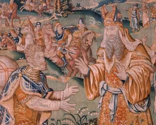 Alessandro davanti al sommo sacerdote Iaddo. Atelier di Oudenaarde. 17° secolo.