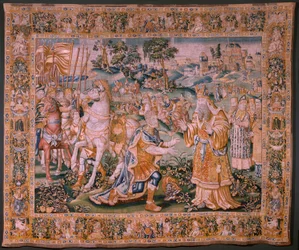 Arazzo fiammingo. Alessandro davanti a Iaddo il sommo sacerdote. Atelier di Oudenaarde. 374x447cm. 17° secolo.