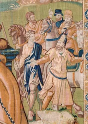Arazzo fiammingo. Alessandro riceve una corona. Atelier di Oudenaarde. XVII secolo