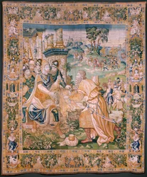 Arazzo fiammingo. Alessandro riceve una corona. Atelier di Oudenaarde. 384x316cm. XVII secolo.