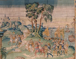 Arazzo fiammingo. Alessandro è offerto una corona. Atelier di Oudenaarde. 384x316cm. Inv (83024)-5 / 00009. XVII secolo.