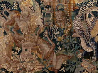 Paesaggio con pergola e grandi bestie, con 2 colonne