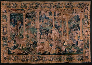 Arazzo fiammingo. Paesaggio con pergola e grandi animali. Versione con pergola estesa. Atelier di Oudenaarde. 340x498cm. Inv 00023. XVII secolo.