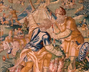 Arazzo fiammingo. Accampamento militare vicino al fiume Granikos. Atelier di Oudenaarde. XVII secolo