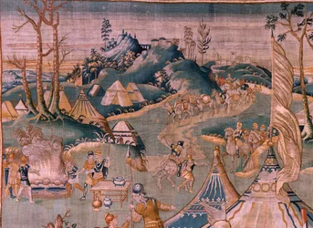 Arazzo fiammingo. Campo militare vicino al fiume Granikos. Atelier di Oudenaarde. XVII secolo