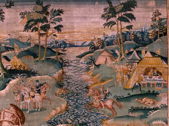Accampamento militare vicino al fiume Granikos. Atelier di Oudenaarde. 17° secolo.