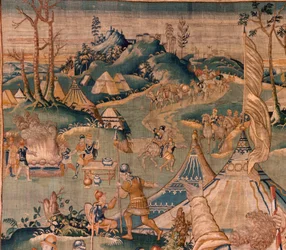 Arazzo fiammingo. Campo militare vicino al fiume Granikos. Atelier di Oudenaarde. 377x393cm. Inv 83104-9 /00011. XVII secolo.