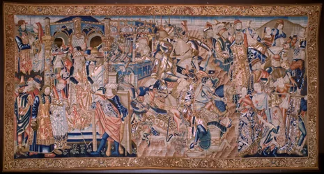 Arazzo fiammingo. Passaggio del Mar Rosso. Ca 1490.