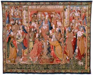 Arazzo fiammingo. Serie Episodi della vita della Vergine. Le profezie si compiono alla nascita di Cristo (Cumplimiento de las profecías en el nacimiento del Hijo de Dios). Primo arazzo della serie. Modelli Attribuiti a Jan von Roome (o van B
