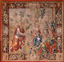 Arazzo fiammingo. Serie Esaù e Giacobbe. Giacobbe raduna le sue mogli prima di fuggire a Canaan. Primo arazzo della serie. Manifattura Paesi Bassi, seconda metà del XVI secolo. Lana