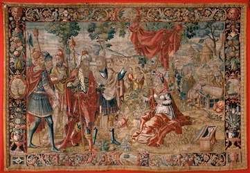 Arazzo fiammingo. Serie Esaù e Giacobbe. Labano cerca gli idoli rubati. Secondo arazzo della serie. Manifattura Paesi Bassi. Seconda metà del XVI secolo. Tessuto Lana. Chiesa di San Nicola di Bari
