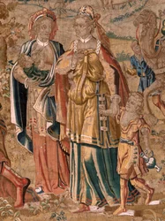 Arazzo fiammingo. Serie Esaù e Giacobbe. Incontro tra Giacobbe ed Esaù. Terzo arazzo della serie. Manifattura Paesi Bassi, seconda metà del XVI secolo. Tessuto Lana. Chiesa di San Nicola di Bari (museo aperto)